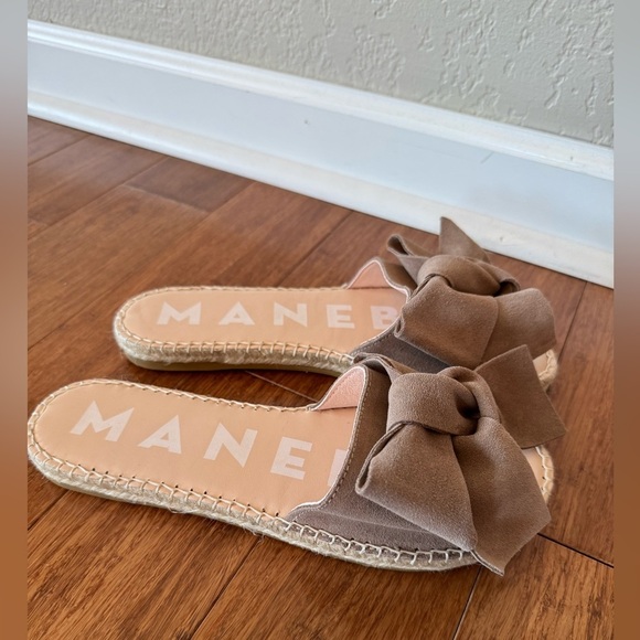 MANEBI HAMPTON FLAT SUEDE BOW SANDAL-VINTAGE TAUPE WOMENS 39/US 9 - Picture 2 of 8